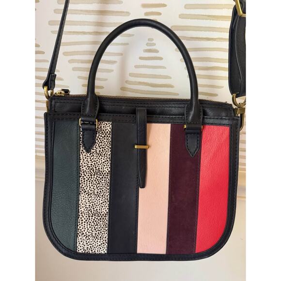 Fossil Ryder Leather Black Patchwork Satchel Purse Crossbody - Picture 4 of 10